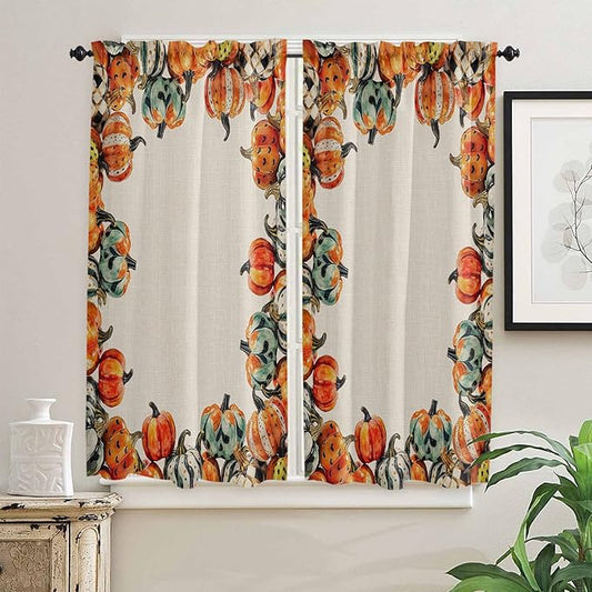 Kitchen Tier Curtains 63 inches Length, Fall Thanksgiving Watercolor Pumpkin Autumn Harvest Window Curtains for Living Room Bathroom,Rod Pocket Light Filter Drapes Half Window Treatment Tiers 2 Panels