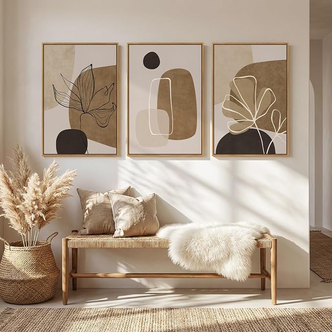 Framed Neutral Boho Abstract Wall Art for Living Room, 3 Piece Large Brown Mid Century Modern Canvas Artwork for Walls, Botanical Black Earthy Paintings Prints Hallway Wall Decor, 24x36 Inch