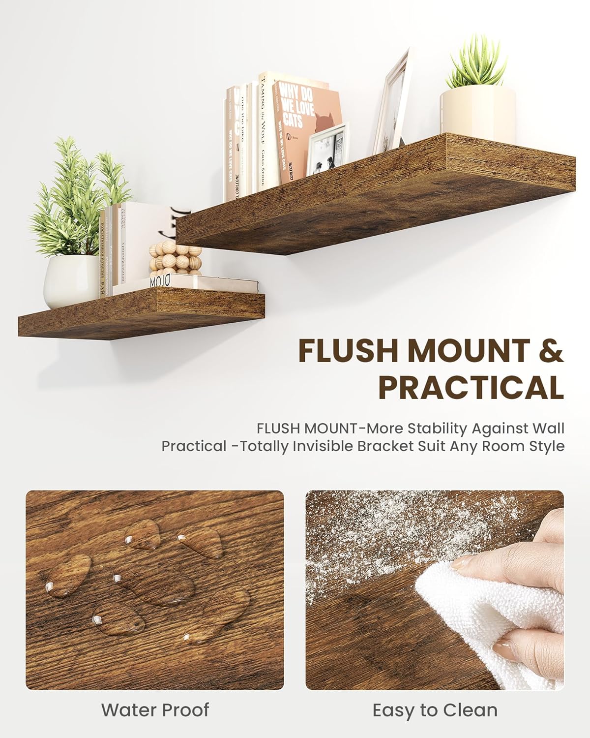 Marsmiles 39" Floating Shelves for Wall, Wooden Shelves with Invisible Brackets Set of 2, Rustic Farmhouse Wall Mounted Shelf for Kitchen Bathroom Living Room Study, Rustic Brown