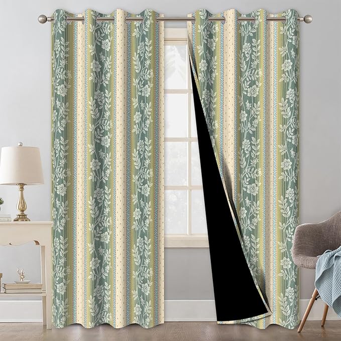 Boho Floral Blackout Curtains with Rope Tassels Curtain Tiebacks, Blackout Curtains for Living Room and Bedroom 84 Inch Long 2 Panels Set, Thermal Insulated Room Darkening Farmhouse Drapes, 52Wx84L