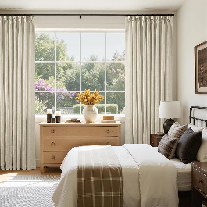 60 Inch Width Curtains 92 Inches Long Linen Pinch Pleated Curtains for Living Room Bedroom Semi Sheer Back Tab Hooks Rings Extra Wide Pinch Pleat Drapes for Patio Glass Door Beige Linen 1 Panel