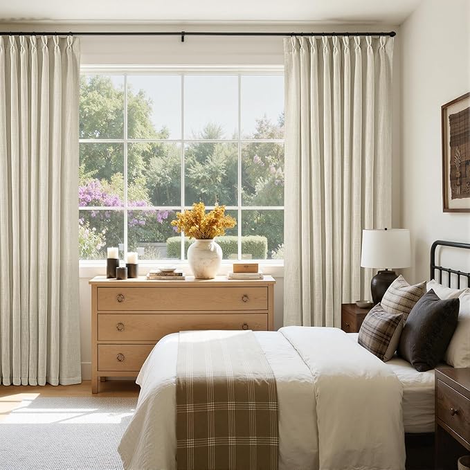 Extra Wide Pinch Pleat 60 x 120 Inch Linen Curtains for Living Room Neutral Beige Light Filtering Semi Sheer Pleated Curtains for Patio Glass Sliding Door Dining Bedroom Large Window 60x120 1 Panel