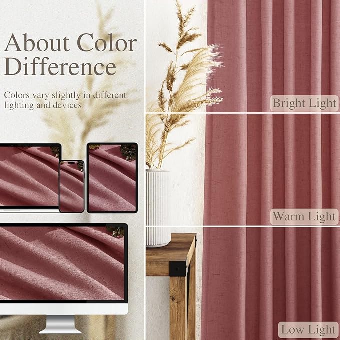 Canyon Rose Linen Curtains 80 Inch Length for Living Room Light Filtering Semi Sheer Curtain Back Tab Modern Farmhouse Decor Elegant Luxury Boho Girl Drapes for Bedroom Dinner Room 52x80, 2 Panels