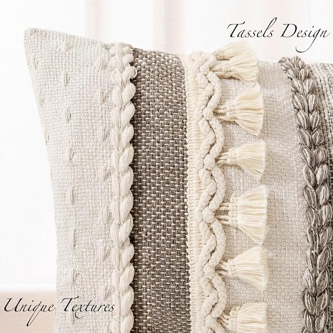 Kevin Textile 14x20 Inch Lumbar Throw Pillow Cover 1 Pack Boho Decorative Cotton Thread Woven Textured Tassel Rustic Farmhouse Rectangle Cushion Cover for Couch Sofa Chair Bed, Khaki