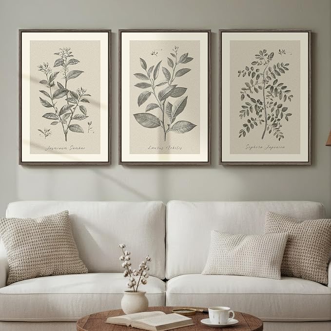 Framed Vintage Botanical Wall Art for Dining Room, 3 Piece Neutral Floral Plants Canvas Painting Prints Artwork, Rustic Flowers Pictures for Farmhouse Living Room Bedroom Kitchen Home Decor, 16x24 In
