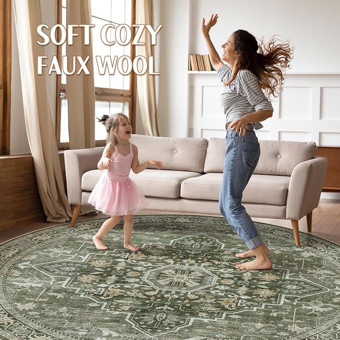 Round Rug Living Room Rugs: 7x7 Washable Boho Neutral Large Circle Soft Indoor Floral Stain Resistant Floor Farmhouse Carpet for Bedroom Nursery Kids Playroom Office Dining Room- Dark Green