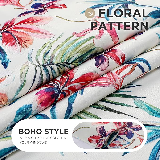 Joydeco Printed Curtains 96 inches Long,Pink Floral Blackout Curtains for Living Room 2 Panels,52 x 96 inch Rod Pocket Thermal Insulated Bohemian Drapes for Farmhouse,Bedroom,White