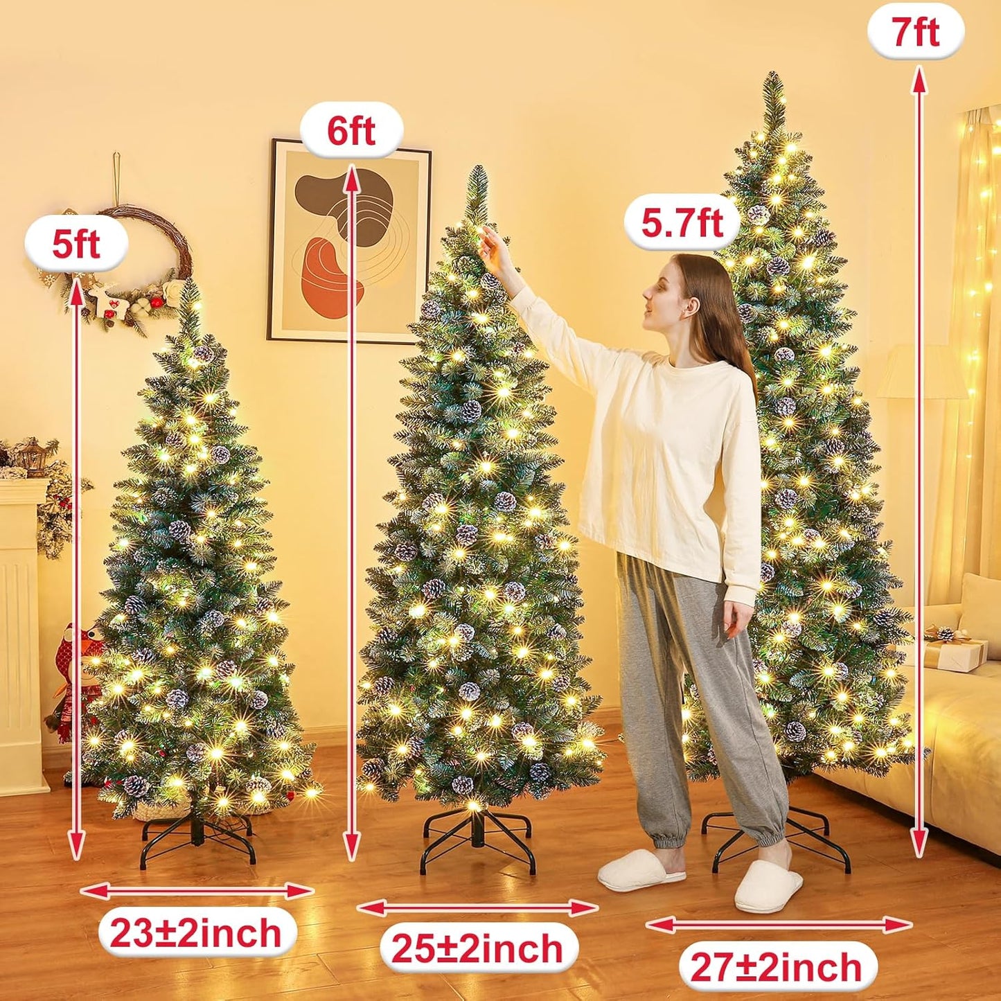 Homde Pencil Christmas Tree 5 Foot Pre-Lit Artificial Christmas Tree with Flocked Snow Pine Cone 140 Warm White Light Holiday Decor