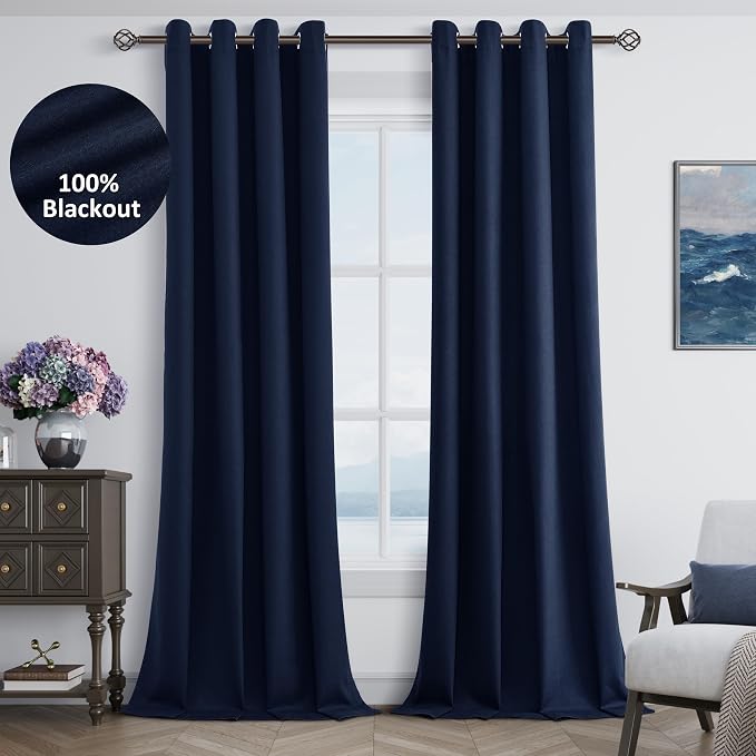 Jowels Navy Blue Linen Blackout Curtains 96 Length 2 Panels Set for Living Room Bedroom, 100% Black Out Thermal Insulated Linen Drapes, Room Darkening Grommet Curtains 96 Inches Long