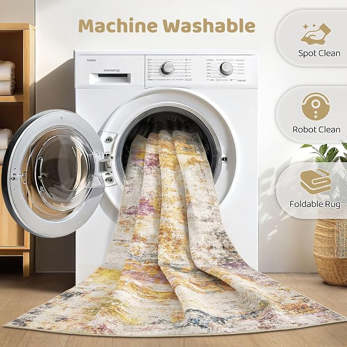 LOONGRUG 8X10 Area Rugs Living Room: Washable Large Abstract Soft Stain Resistant Indoor Floor Rugs Non Slip Accent Carpet for Bedroom Nursery Playroom Office Dining Room Dorm & Home- Gold Colorful