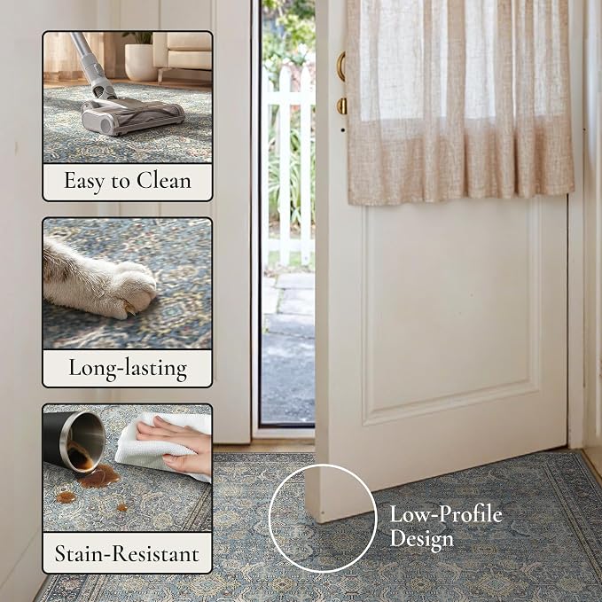 GENIMO 9x12 Area Rugs for Living Room, Machine Washable Non Slip Vintage Rugs, Low Pile Lightweight Chenille Print Rug for Bedroom, Dining Room, Home Office, Vintage Blue