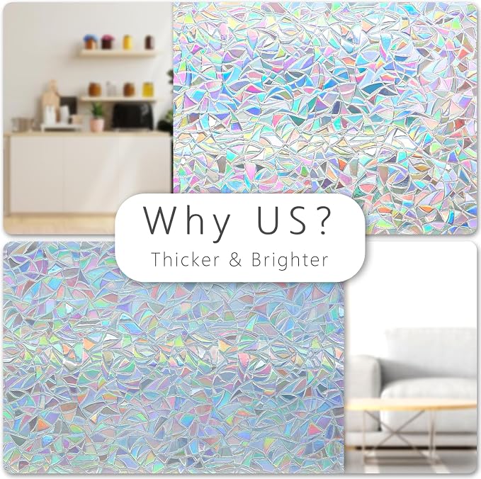 Lemon Cloud Window Privacy Film, Stained Glass Window Stickers, Decorative Rainbow Static Cling for Sun Blocking, Window Covering Prism Film, No Glue Anti-UV Tint, Half Moon Pattern, 17.5" x 157.4"