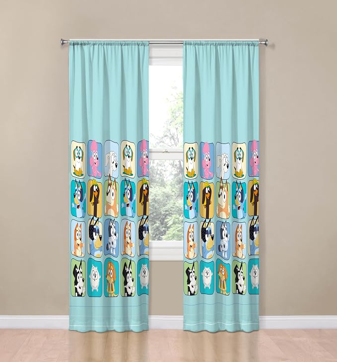Sunny Side Up Window Curtains for Kids Bedroom 4-Piece Drape Set with 2 Tiebacks, Teal - Bluey, 42" W x 84" L (Pack of 2)