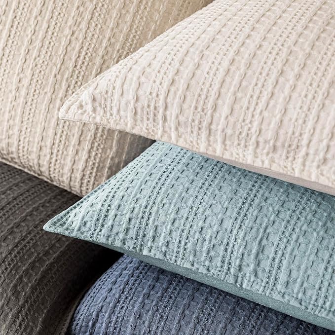 Foindtower Set of 2 Decorative Cotton Waffle Weave Throw Pillow Covers Euro Shams Cushion Covers Accent European Pillowcase for Bed Couch Sofa Bedroom Living Room Home Decor 20×20 Inch Light Blue