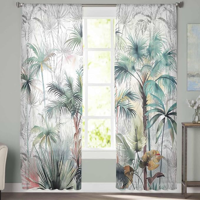 Teal Green Palm Tree Sheer Curtains 63 Inch Length 2 Panels Set for Living Room/Bedroom, Semi Curtain Sheers Drapes Rod Pocket Window Curtains 52x63x2 Summer Tropical Coconut Plant Modern White