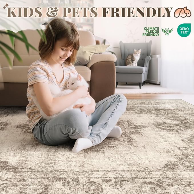 Area Rug 5x7 Vintage Rugs: Washable Indoor Medallion Rug Low Pile Distressed Floor Carpet Retro Accent Rugs for Living Room Bedroom Kitchen Dining Table Home Office(Taupe, 5'x7')