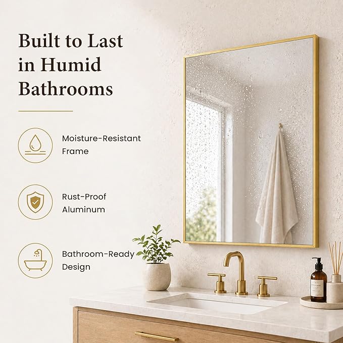 2-Pack 24"x36" Brushed Gold Framed Bathroom Vanity Wall Mirrors | Taller Vanity Pair, Balanced Twin-Sink Look, Matching Finish Across Rooms, Vertical/Horizontal Hanging, Tempered Glass