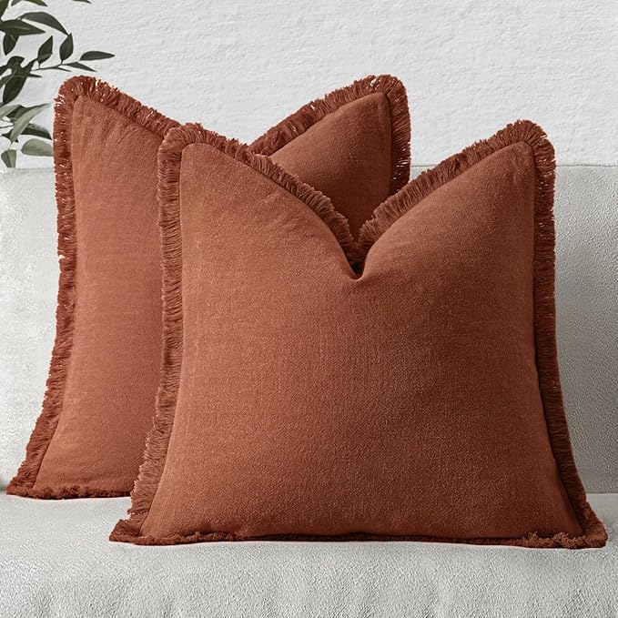 MIULEE Decorative Throw Pillow Covers Neutral Linen Fringe Throw Pillows Set of 2 Late Autumn Boho Farmhouse Cushion Covers for Couch Sofa Bed Living Room Fall Home Decor 18x18 Inch
