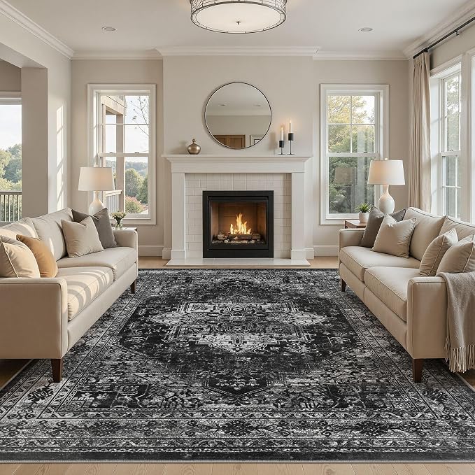 UERMEI 10x14 Area Rug Living Room Rugs - Washable Vintage Soft Large Rug Indoor Floor No Slip Rug Carpet for Bedroom Farmhouse Under Dining Table Home Office Decor - Black