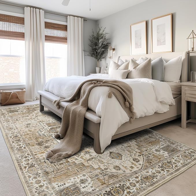 Roxstand 5x7 Washable Area Rug, Vintage Low Pile Rug, Beige/Brown | Non-slip Backing, Low-Pile Carpet, Stain Resistant,Rugs for Living Room,Bedroom, Dining Room, Office