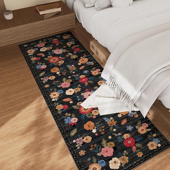 Machine Washable Runner Rug for Kitchen: 2'x6' Hallway Runner Rug Non Slip Low Pile Soft Faux Wool Carpet Runners Floral Floor Rug for Bedroom Entryway Bedroom Bathroom Laundry Room Home Office Indoor