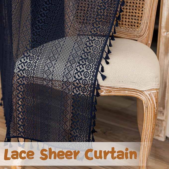 Sutuo Home Navy Blue Boho Doorway Curtain for Doorway Closet, Lace Sheer Door Curtain for Sliding Door Crochet Vintage Tassels Bohemian Privacy Temporary Room Divider Rod Pocket,1 Panel 37" x 80"