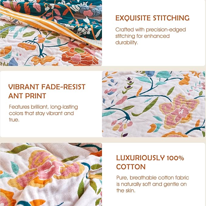 Boho Throw Blanket - 60"x80" 100% Cotton Ultra Soft Lightweight Blanket, 4-Layer Breathable Muslin Spring Blankets for Bed Couch, Reversible Green Floral Printed Bohemian Cotton Quilt