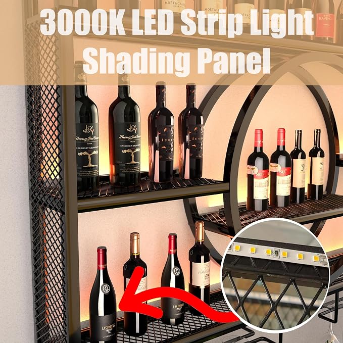 Metal Wine Rack Wall Mounted with LED Light, 3-Tier Bar Liquor Shelf with Wine Glass Holder, Modern Large Capacity Liquor Bottle Display Storage Shelf for Home Bar, Dining Room(Black, 120*80*15)