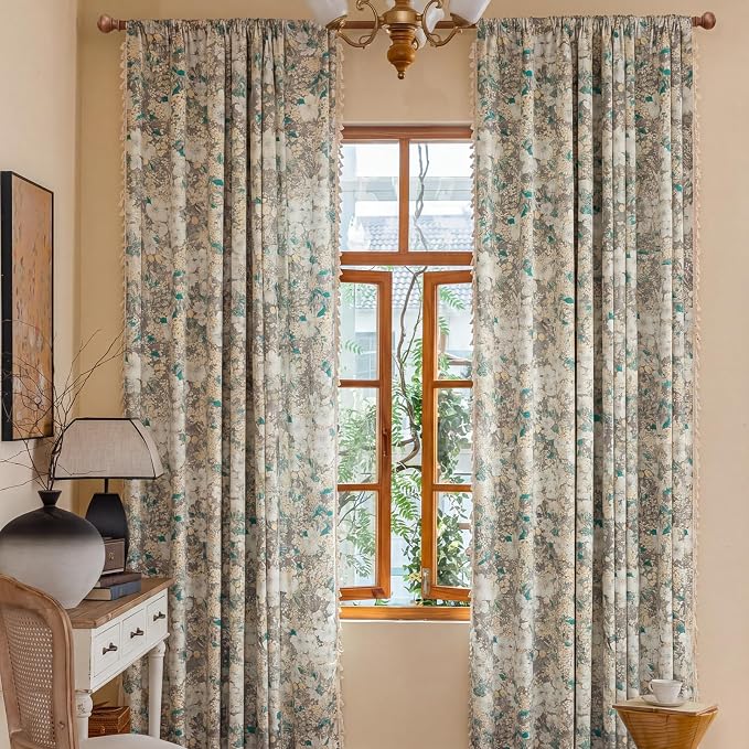 OYX Boho Floral Curtains 84 Inch, Linen Farmhouse Flower Drapes with Lace & Tassels, Light Filtering Semi Sheer Curtains for Living Room Bedroom, 2 Panels