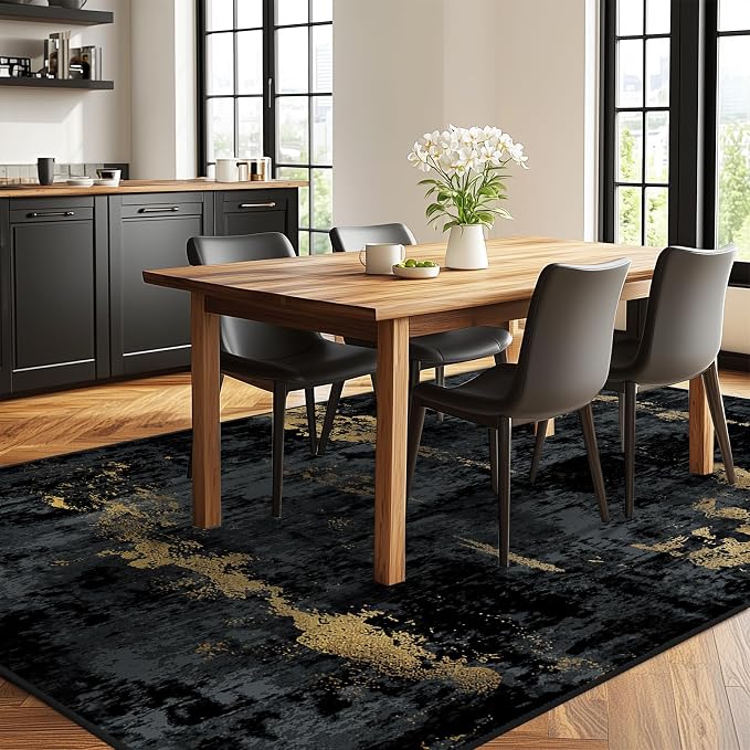 RELEANY Washable Area Rugs 10'x14' Non-Slip Modern Abstract Soft for Living Room Entryway Bedroom Kitchen, Print Pattern, Dark Black Gold