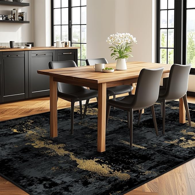 RELEANY Washable Area Rugs 5'x8' Non-Slip Modern Abstract Soft for Living Room Entryway Bedroom Kitchen, Print Pattern, Dark Black Gold