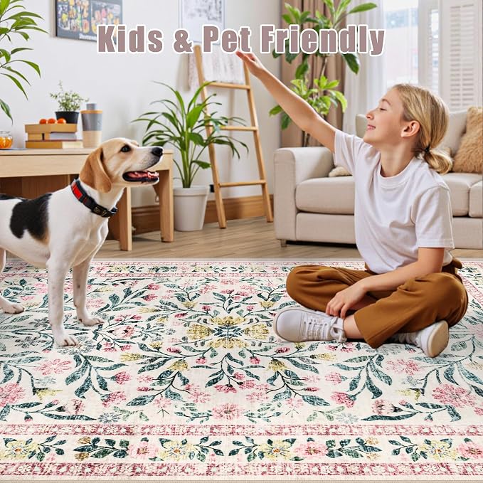Runner Rug for Entryway: 3x10 Kitchen Rugs Non Slip Washable Ultra-Thin Soft Floral Carpet Indoor Floor Stain Resistant Carpets for Hallway Bedroom Kitchen Laundry Bathroom Dorm Pink/Green