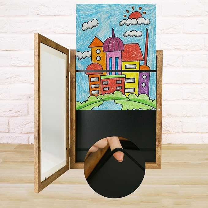 iRahmen Kids Art Frames 9x12 Set of 2 - Front Opening Childrens Picture Frame Changeable, Wood Artwork Display Storage for Wall Mount, Magnetic Door Holds 50 Art Pieces for Drawings, 3D Picture, Crafts, Portfolio, Brown