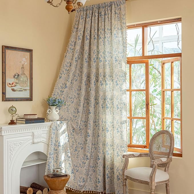 OYX Boho Floral Curtains 84 Inch Length 2 Panels, Linen Farmhouse Curtains Light Filtering Drapes with Tassels for Bedroom Living Room, Vintage Rustic Printed Rod Pocket
