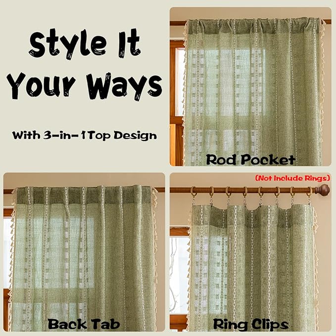 Sage Green Boho Sheer Curtains 72 inches Long 2 Panels for Bedroom, Light filtering Semi Sheer Bohemian Christmas Country Privacy Tassels Vintage Embroidery Stripes Window Curtains Back Tab, 50" W