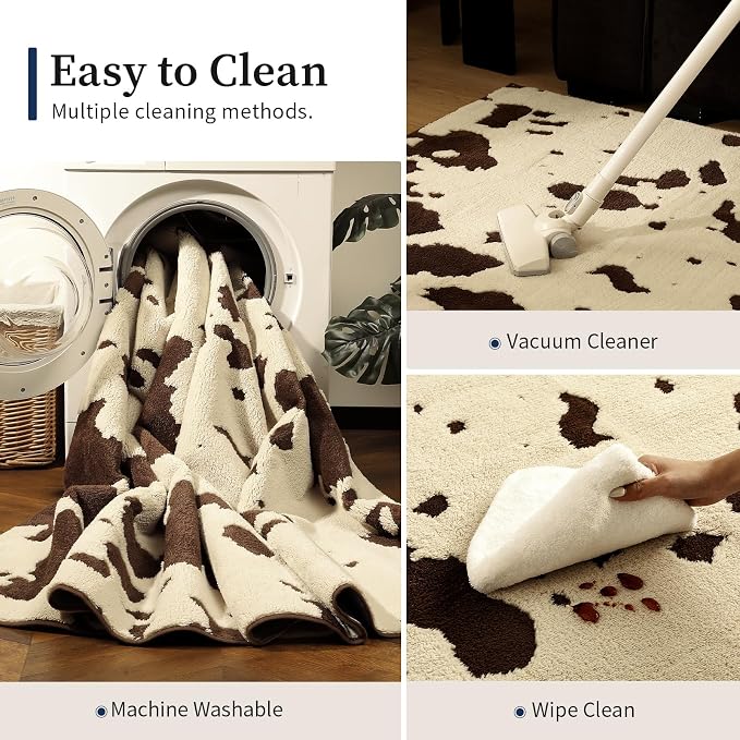YIHOUSE Cowhide Entryway Rugs 3x5 Ft, Washable Plush Soft Brown and Cream Cow Rug, Non-Slip High-Low Pile Animal Small Area Carpet for Bedside, Living Room, Door Entrance, Home Decor