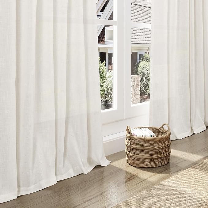 Nanspring Beige White Linen Curtains 96 Inches Long 2 Panels Set for Living Room Bedroom Back Tab Rod Pocket Semi Sheer Light Filtering Drape for Bedroom Home Decor Protect Privacy 52x96