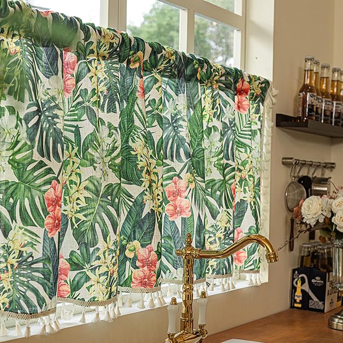 Deeprove Boho Valance Tropical Botanical Leaves Print Curtain 18 Inch Long, Green Monstera Plant Red Florals Kitchen Window Small Vintage Drape Tassels for Spring Summer Decor 1 Panel 52W x 18L