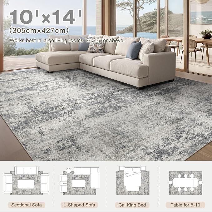 Abstract 10x14 Area Rug: Machine Washable Non Slip Ultra Thin Low-Pile Carpet, Soft Stain Resistant for Living Dining Room Bedroom, Kid Pet Friendly, Robot Vacuum Compatible - Grey Beige