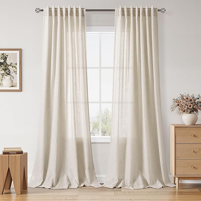Nanspring Warm Beige Linen Curtains 84 Inch Length 2 Panels Set for Living Room Rod Pocket Back Tab Light Filtering Window Drapes for Bedroom Dining Room Protect Privacy Modern Farmhouse Decor 52x84