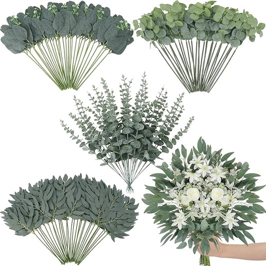 120 Pcs Artificial Eucalyptus Stems, 4 Kinds Mixed Faux Greenery Stems Fake Silver Dollar Eucalyptus Leaves Bundle for DIY Bouquets Centerpiece Spring Floral Arrangement Wreath Home Wedding Decor