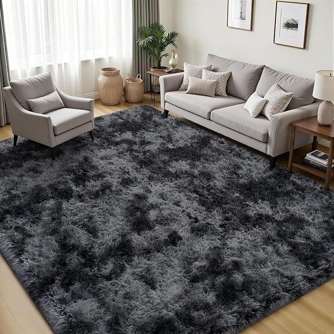 Area Rug for Living Room Bedroom:6x9 Black Grey Soft Fluffy Shag Upgrade Non-Slip High Pile Carpet Large Fuzzy Plush Indoor Floor Decor Shaggy Rug for Kid Boys Girls Playroom Nursery Modern Home