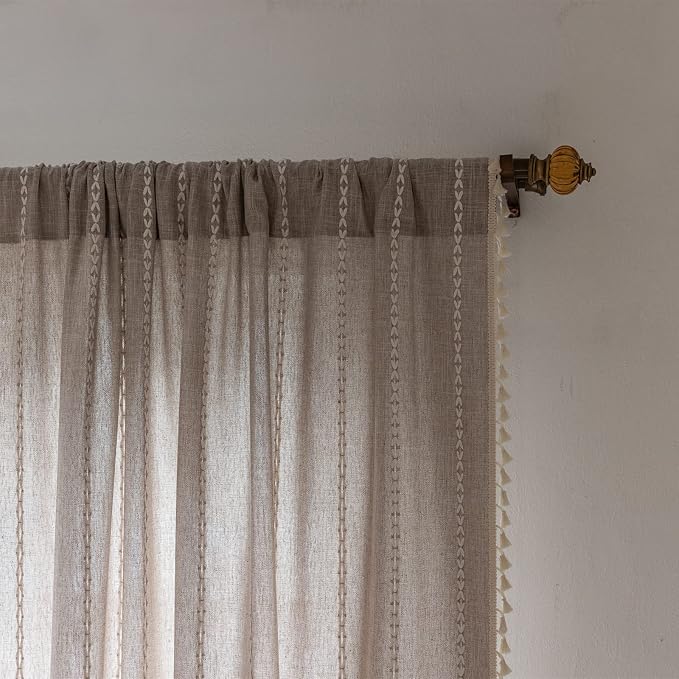 RoomTalks Boho Farmhouse Curtains for Bedroom Living Room 72 Inch Length 2 Panels in Tan French Cabin Rustic Country Cute Cotton Polyester Window Curtain Panels Bohemian Chic Tassel Draperies