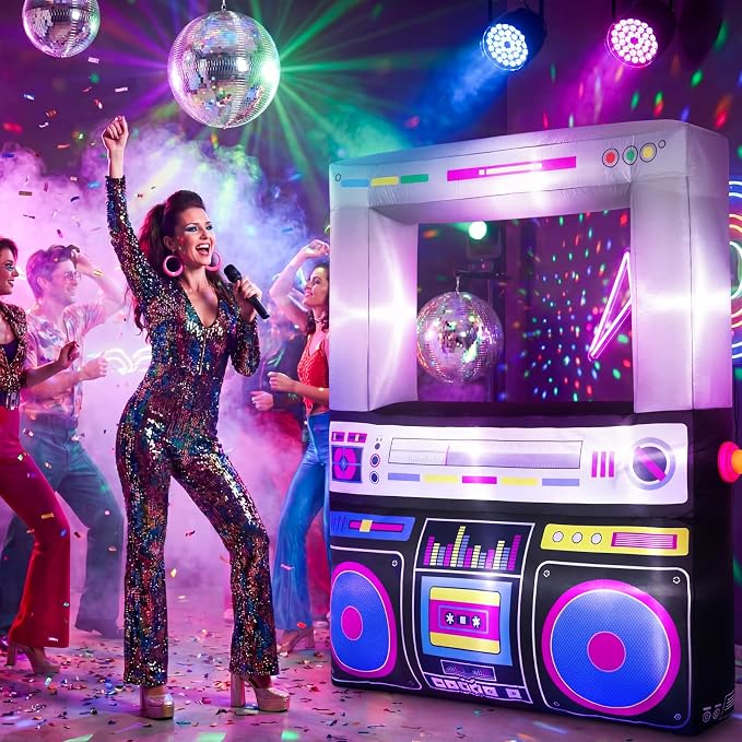 Soulchen 6 x 5 ft Inflatable Radio Boombox Decor with Built in LEDs Lighted and Air Blower, 80's 90's Party Decoration Blow up Giant Boombox for Hip Hop Birthday Disco Photo Props(Radio,Black)