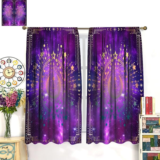 Sun Moon Blackout Curtains, Abstract Bohemian Universe Starry Sky Galaxy Mystic Art Window Drapes, for Bedroom Living Room 42" W X 45" L