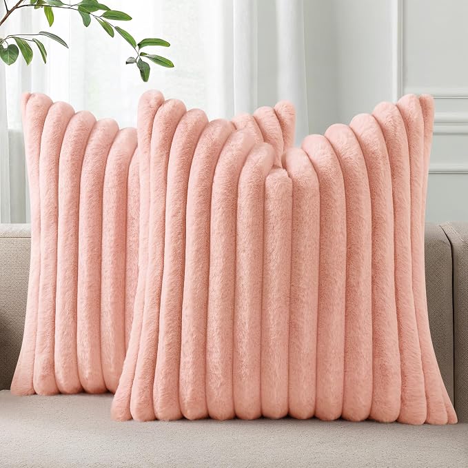 Pallene Faux Fur Plush Throw Pillow Covers 26x26 Set of 2, Luxury Soft Fluffy Striped Decorative Pillow Covers for Sofa, Couch, Living Room, Pink