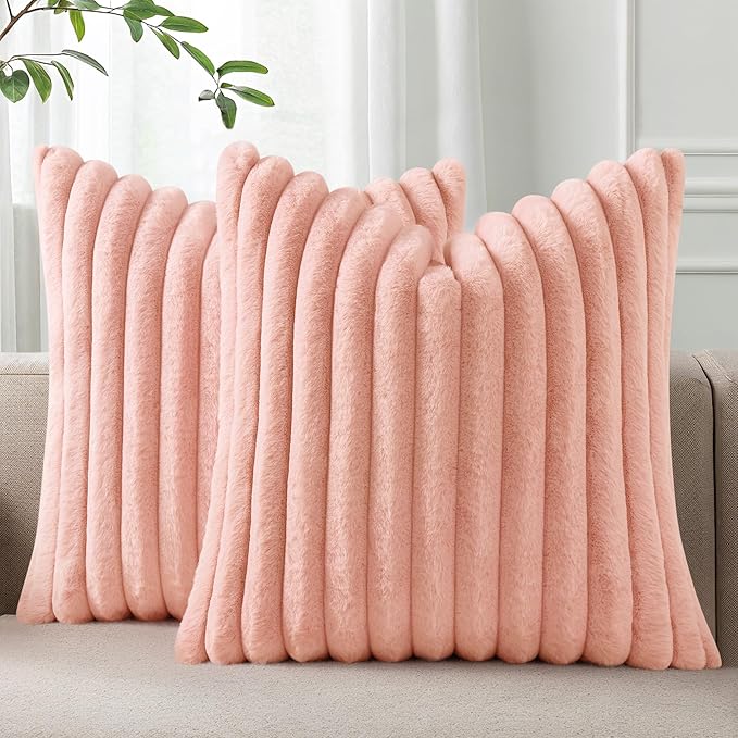 Pallene Faux Fur Plush Throw Pillow Covers 18x18 Set of 2, Luxury Soft Fluffy Striped Decorative Pillow Covers for Sofa, Couch, Living Room, Pink