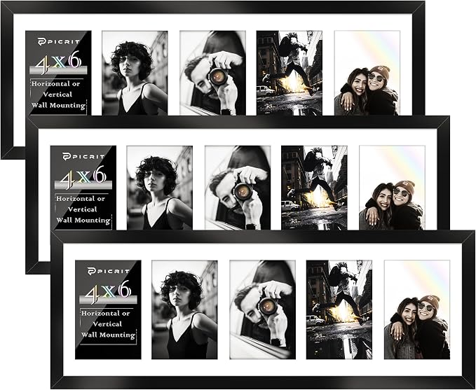 Picrit 8x24 Black Collage Picture Frame 3 Pack, Fits Five 4x6 Photos or One 8x24 Picture, Gallery Frame Set - Poster Frames for Horizontal or Vertical Display