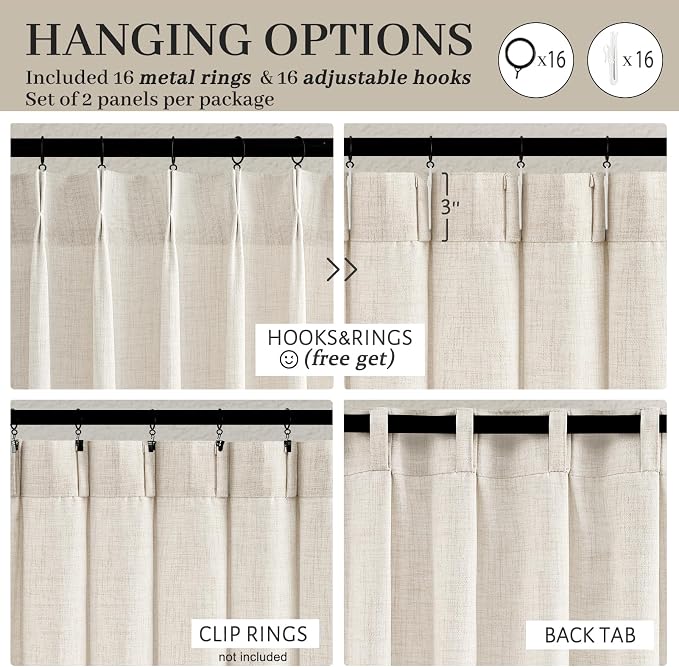 PleatedDrapes Short Viral Shower 45 inch Curtains, Boho Pinch Pleat Thick Linen Cottage Core Sheer Curtain Light Filtering Privacy for Kitchen/Cafe Small Window Back Tab Drape Decor 3-3/4FT Panels x 2
