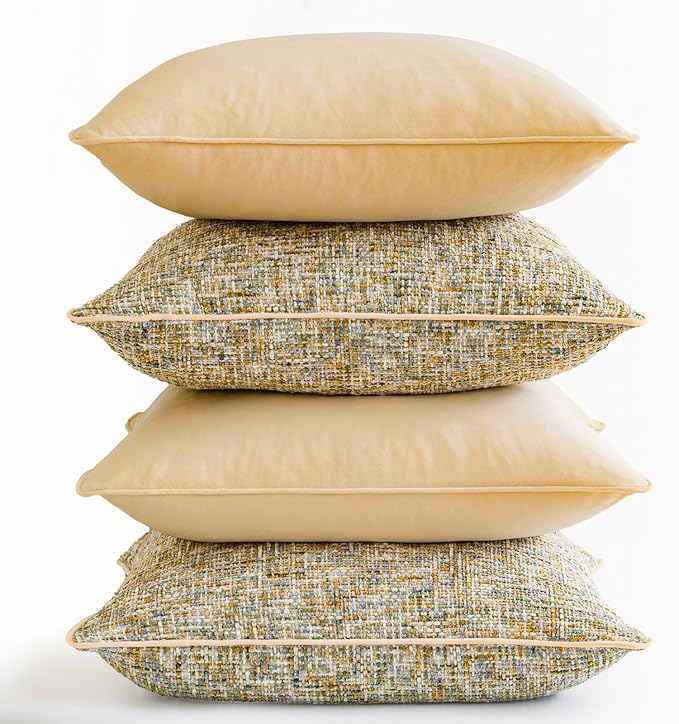 a moment Yellow 4 Pack Throw Pillow Covers - Chenille & Velvet Set with Piping, Farmhouse Textured Design Pillow Cases for Couch Sofa Bed Livingroom (22x22 Inch, No Insert)